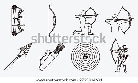 Archery icons set with bow and arrow equipment sport and recreation