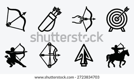 Archery icons set with bow and arrow target symbols