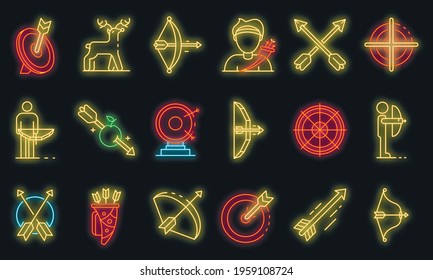 Archery icons set. Outline set of archery vector icons neon color on black