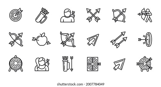 Archery icons set. Outline set of archery vector icons for web design isolated on white background