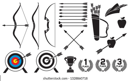 Archery Icons Set (trophy Cup, Robin Hood Hat, Leather Quiver, Bow And Arrow, Pierced Apple, Target)