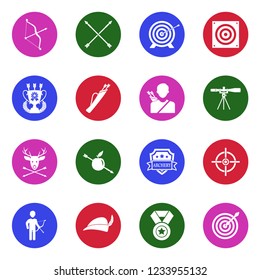 Archery Icons. White Flat Design In Circle. Vector Illustration. 