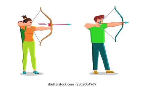 vector de tiro con arco. flecha infantil, objetivo de arco, juego joven, infancia deportiva, actividad jugar al tiro con arco personaje de niño. ilustración de dibujos animados planos de personas
