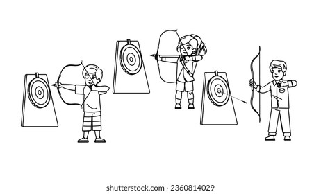 archery kid vector. game sport, arrow child, target archer, bow boy, little activity archery kid character. people black line illustration