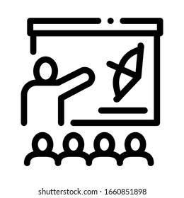 Archery Lesson Education Icon Thin Line Vector. Teacher Pointing On Bow And Arrow Depicted On Blackboard Concept Linear Pictogram. Monochrome Outline Sign Isolated Contour Symbol Illustration