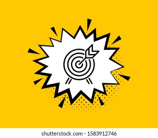 Archery line icon. Comic speech bubble. Amusement park attraction sign. Yellow background with chat bubble. Archery icon. Colorful banner. Vector