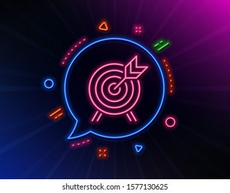 Archery line icon. Neon laser lights. Amusement park attraction sign. Glow laser speech bubble. Neon lights chat bubble. Banner badge with archery icon. Vector