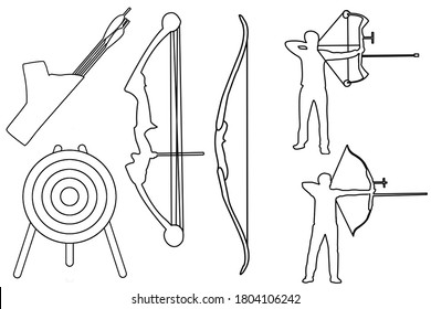 Archery Line Illustrations - Vector Clip Art of a Recurve Bow, Compound Bow, Archer, Quiver with Arrows, and an Archery Target