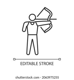 Archery linear icon. Bow shooting. Accuracy sport competition. Disabled athlete. Thin line customizable illustration. Contour symbol. Vector isolated outline drawing. Editable stroke