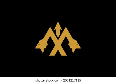 Vector de diseño de logotipo de tiro con arco. Letra M y símbolo abstracto de arco. Icono vector deportivo de tiro con arco.