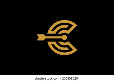 Archery logo design vector. Letter C and bow abstract symbol. Letter C outline logo design. Archery sport vector icon.