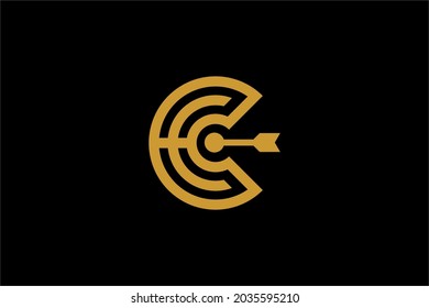 Archery logo design vector. Letter C and bow abstract symbol. Letter C outline logo design. Archery sport vector icon.