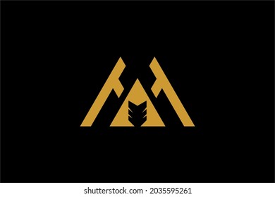 Archery logo design vector. Letter M and bow abstract symbol. Archery sport vector icon.