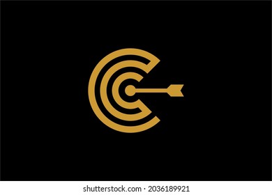 Archery logo design vector. Letter C and bow abstract symbol. Letter C outline logo design. Archery sport vector icon.