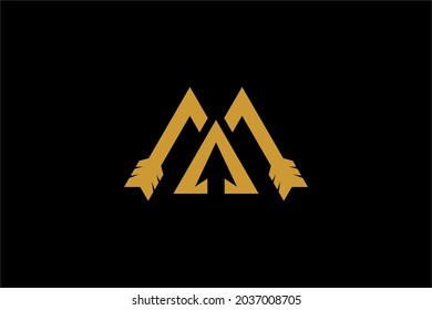 Archery logo design vector. Letter M and bow abstract symbol. Archery sport vector icon.