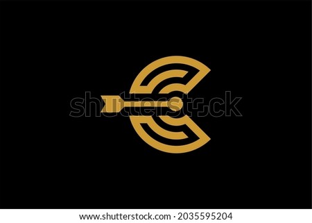 Archery logo design vector. Letter C and bow abstract symbol. Letter C outline logo design. Archery sport vector icon.