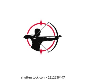 Archery logo featuring a silhouette of an archer with a bow and arrow inside a red target crosshair, symbolizing precision, focus, and aim. Ideal for sports clubs, hunting brands, coaching and tactical services, or target-oriented businesses. Fully editable vector template.