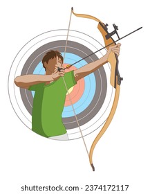 archery male archer with bow and arrow aiming high with target behind on white background