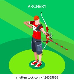 Archery male Player aiming with bow Sportsman Games Icon Set. 3D Isometric Archery Player Archer. Sporting People Archery Competition. Individual Sport Infographic events Archer Vector Collection