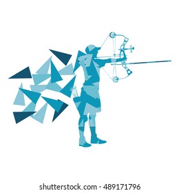 Archery man archer training with bow vector background concept made with polygon fragments isolated on white