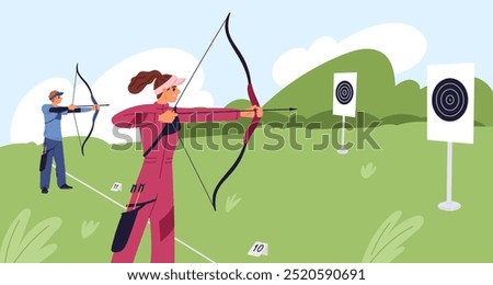 Archery marksmanship competition. Athletes with bows aim at round targets. People shooting arrows. Archer training. Bowman tournament. Accuracy shoot practice. Garish