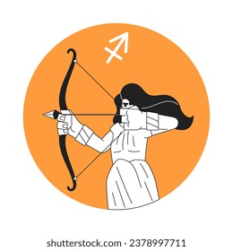 Archery monochrome round vector spot illustration. Brave woman holding bow 2D flat bw cartoon character for web UI design. Sagittarius zodiac isolated editable hand drawn hero image