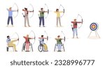 archery, people shooting targets. male and female characters shooting target, disabled people shooting doing archery.