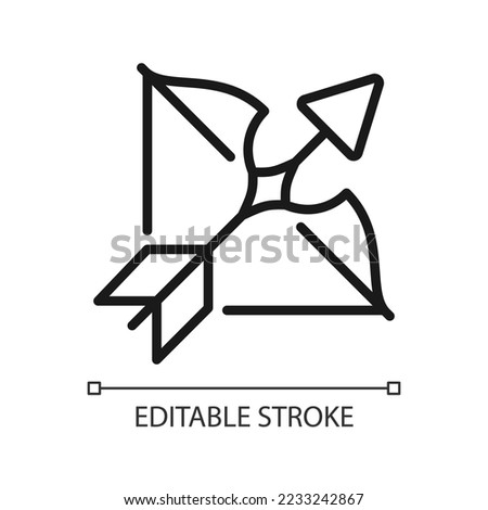 Archery pixel perfect linear icon. Zodiac sign. Western astrology. Shooting arrows. Competitive sport. Thin line illustration. Contour symbol. Vector outline drawing. Editable stroke. Arial font used