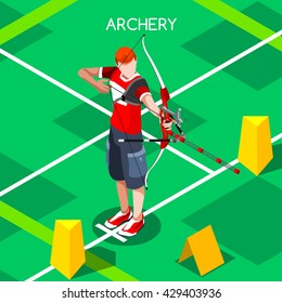 Archery Player aiming with bow Sportsman Games Icon logo Set. 3D Isometric male Archery Player Archer. Sporting People Archery Competition. Individual Sport Infographic events Archer Vector