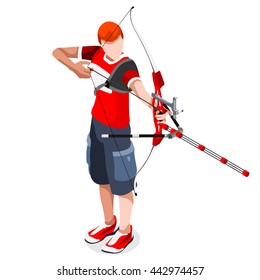 Archery Player Sportsman Games Icon Set. 3D Isometric Archery Player Archer. Sporting Championship People Archery Competition. Sport Infographic events Archer Vector Illustration.