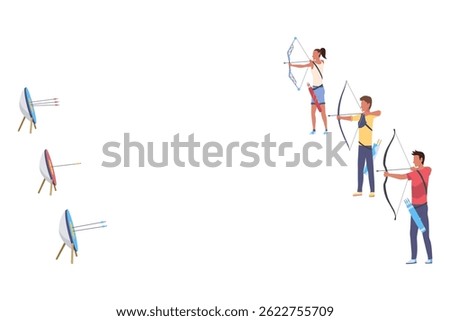 Archery practice or training. Successfully hitting the target. Male and female archers with bows and arrows aiming at targets. Vector artwork depicts success, achievement or accomplishment