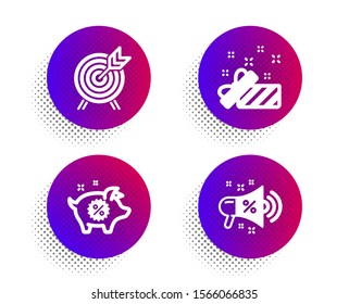 Archery, Present and Piggy sale icons simple set. Halftone dots button. Sale megaphone sign. Attraction park, Gift, Discounts. Shopping. Holidays set. Classic flat archery icon. Vector