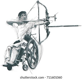 ARCHERY. From the series SILENT HEROES - Athletes with physical disabilities. An hand drawn vector.