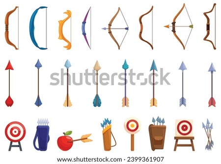 Archery shoot weapon icons set cartoon vector. Arrow game. Wood stone sport