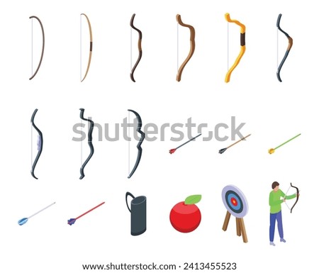 Archery shoot weapon icons set isometric vector. Bow arrow. Game equipment