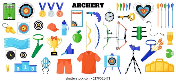 Archery sport equipment set. Bow, arrow, target, string, glove, belt, protection etc. Summer games. Vector cartoon isolated illustration