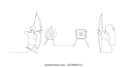 Exercício de tiro com arco com o conceito de arco. Desenho de linha contínua única de jovens arqueira profissional mulher foco mirando alvo de tiro com arco.  Vetor feito à mão não AI.  