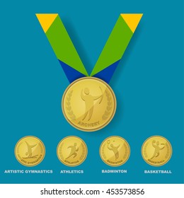  Archery sport icon on gold medal award with Brazilian color theme designed ribbon with isolate artistic gymnastic, athletics, badminton and basketball sport icons for Brazil summer game