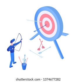 Archery sport isometric vector illustration. Target advertising, marketing campaign, sport competition, goal achieving concept. Archer, bowman, marketer with bow and arrows isolated flat character