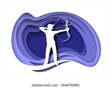 Archery sport player white silhouette. Girl archer, athlete shooting arrow with bow aiming at target vector illustration in paper art style. Archery competition, tournament.