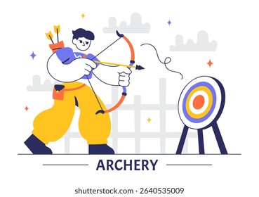 Archery Sport Vector Illustration Featuring a Bow and Arrow Aiming at a Target, Depicting an Outdoor Recreational Activity in a Flat Background