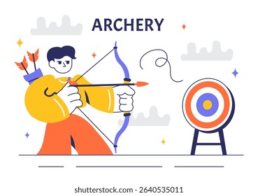 Archery Sport Vector Illustration Featuring a Bow and Arrow Aiming at a Target, Depicting an Outdoor Recreational Activity in a Flat Background