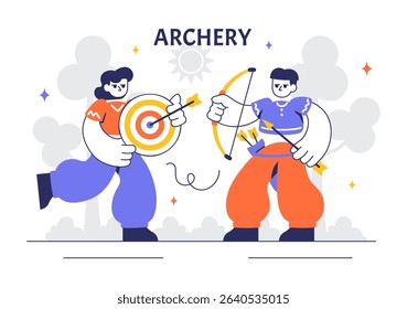 Archery Sport Vector Illustration Featuring a Bow and Arrow Aiming at a Target, Depicting an Outdoor Recreational Activity in a Flat Background