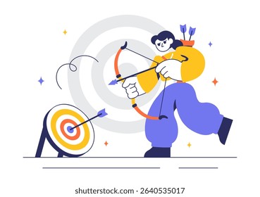 Archery Sport Vector Illustration Featuring a Bow and Arrow Aiming at a Target, Depicting an Outdoor Recreational Activity in a Flat Background