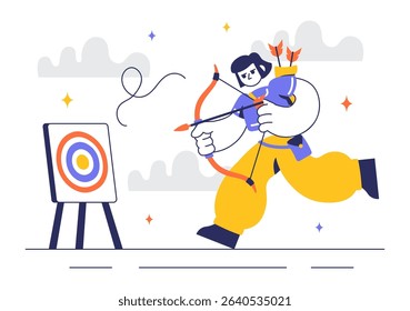 Archery Sport Vector Illustration Featuring a Bow and Arrow Aiming at a Target, Depicting an Outdoor Recreational Activity in a Flat Background