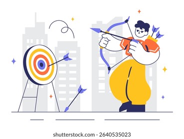 Archery Sport Vector Illustration Featuring a Bow and Arrow Aiming at a Target, Depicting an Outdoor Recreational Activity in a Flat Background