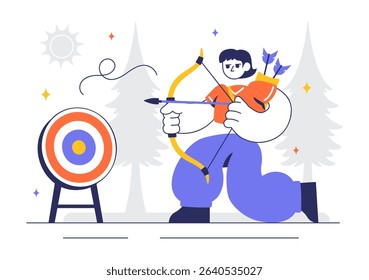 Archery Sport Vector Illustration Featuring a Bow and Arrow Aiming at a Target, Depicting an Outdoor Recreational Activity in a Flat Background