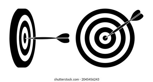 Archery target with arrow black and white in flat design. Hit the target at center. Accuracy. Goal achievement.