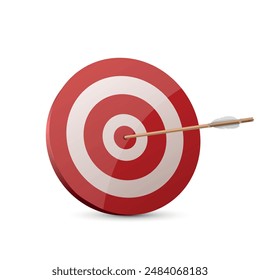 Archery target with arrow in bullseye goal achievement and efficiency realistic vector illustration. Red striped dartboard sport game win accuracy challenge success strategy business solution