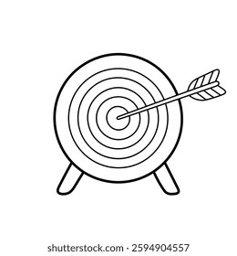 Archery target with arrow vector illustration. Hand-drawn bullseye icon, goal achievement symbol in doodle style. Black line art isolated on white background.